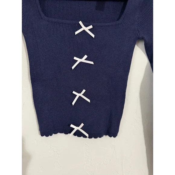 RSQ Navy Blue Ribbed Square Neck Long Sleeve Cropped Sweater Small - Picture 3 of 4